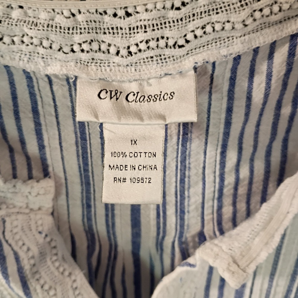 CW Classics Women's 100% Cotton Sleeveless Blue & White Strip Blouse Top Size 1X - Picture 4 of 6
